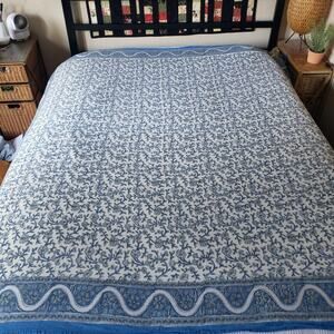 Vintage India Arts Cotton Tablecloth 67x73 Blue White Floral Powerloom India